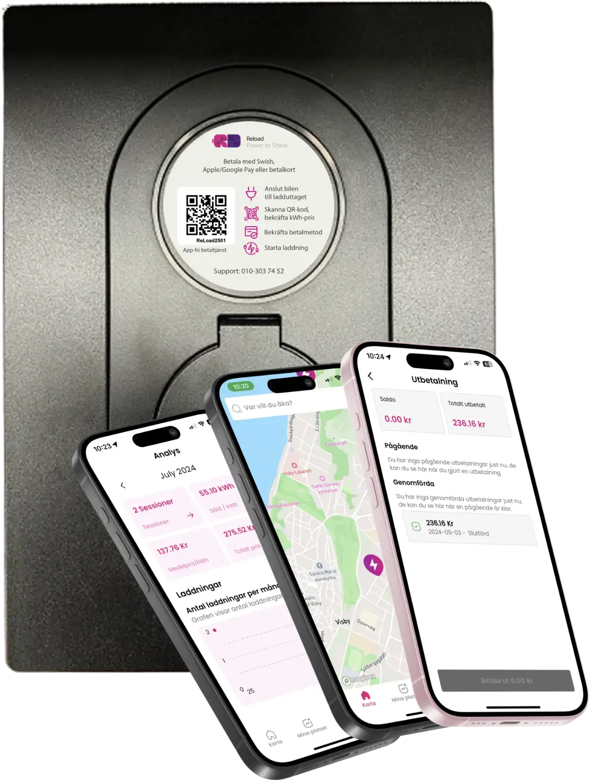 Tre telefoner med appen Reload Charging installerad